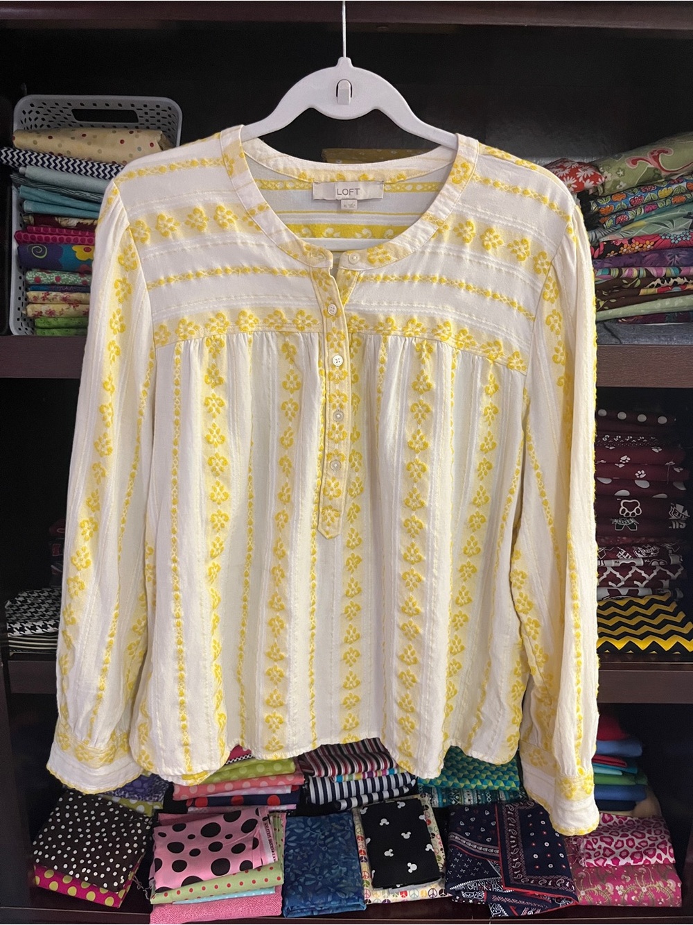 LOFT White Blouse with Yellow Embroidered Stripes